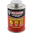 Image of DAP Weldwood Contact Cement in its red and black container, accompanied by a small brush applicator and foam pieces. The background features a partially repaired headliner.