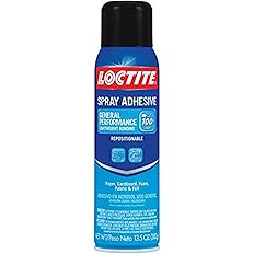 Loctite General Performance Spray Adhesive is shown with its red and blue design, placed alongside fabric swatches and foam to showcase its precision spray and multi-surface bonding capability.