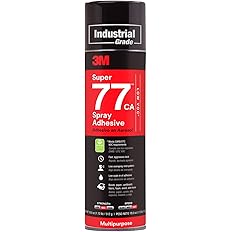 Scotch Super 77 Spray is highlighted in its recognizable black can with a red cap. The image includes a repaired headliner, emphasizing the product’s quick-drying formula and strong hold.

