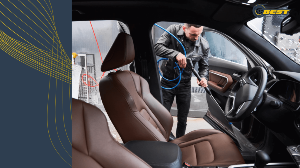 Man cleaning a car floor mat with a brush, ensuring a spotless and well-maintained interior.